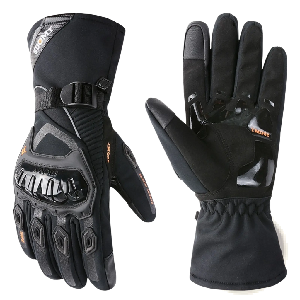 Black and gray waterproof winter motorcycle riding gloves with reinforced panels made of durable synthetic material