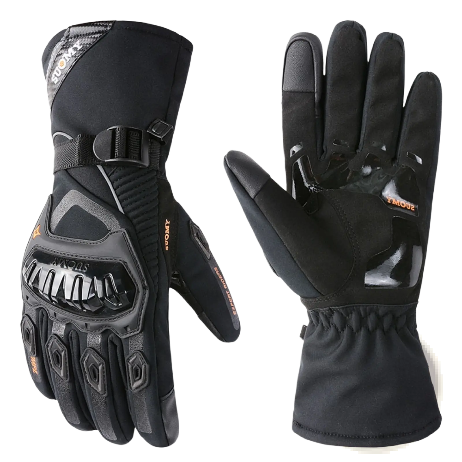 Black and gray waterproof winter motorcycle riding gloves with reinforced panels made of durable synthetic material
