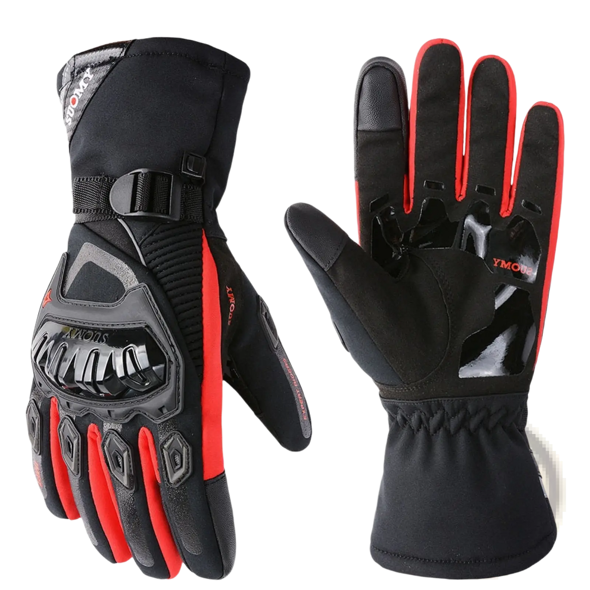 Black and red ymous waterproof winter motorcycle riding gloves with reinforced protective panels and textured grip back view