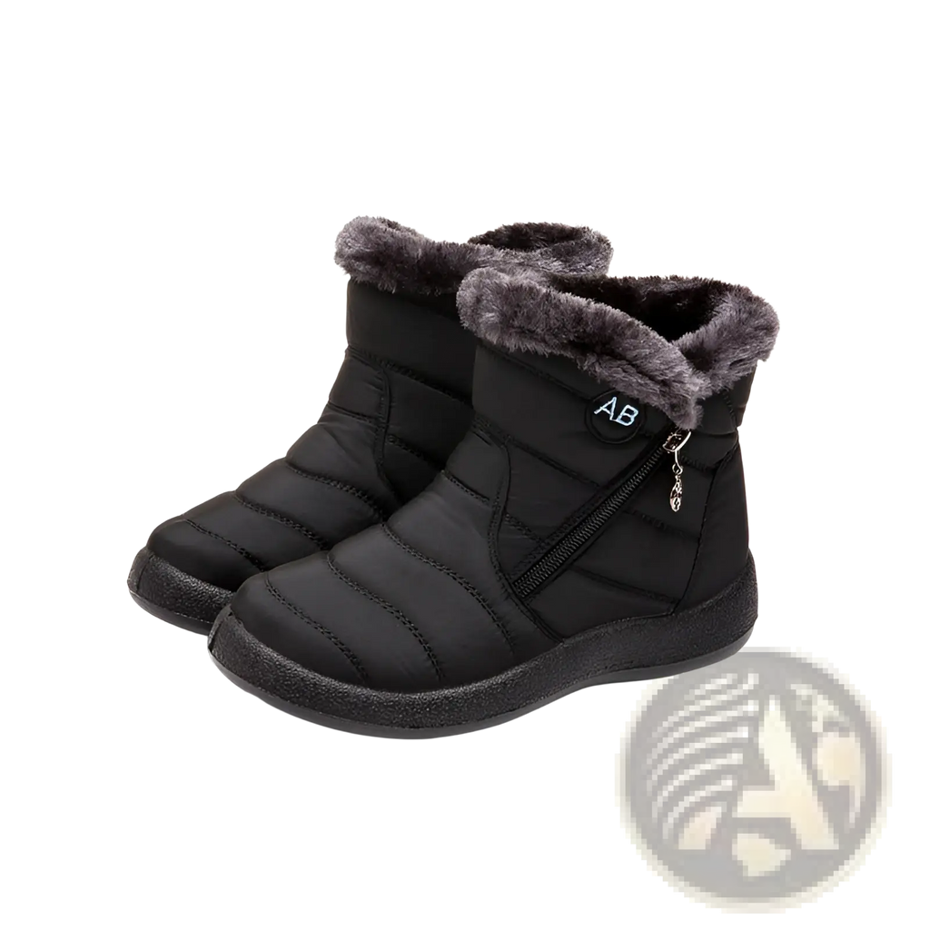 Black quilted waterproof winter snow boots with gray faux fur lining and side zipper for plush ankle warmth