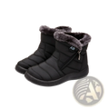 Black quilted waterproof winter snow boots with gray faux fur lining and side zipper for plush ankle warmth