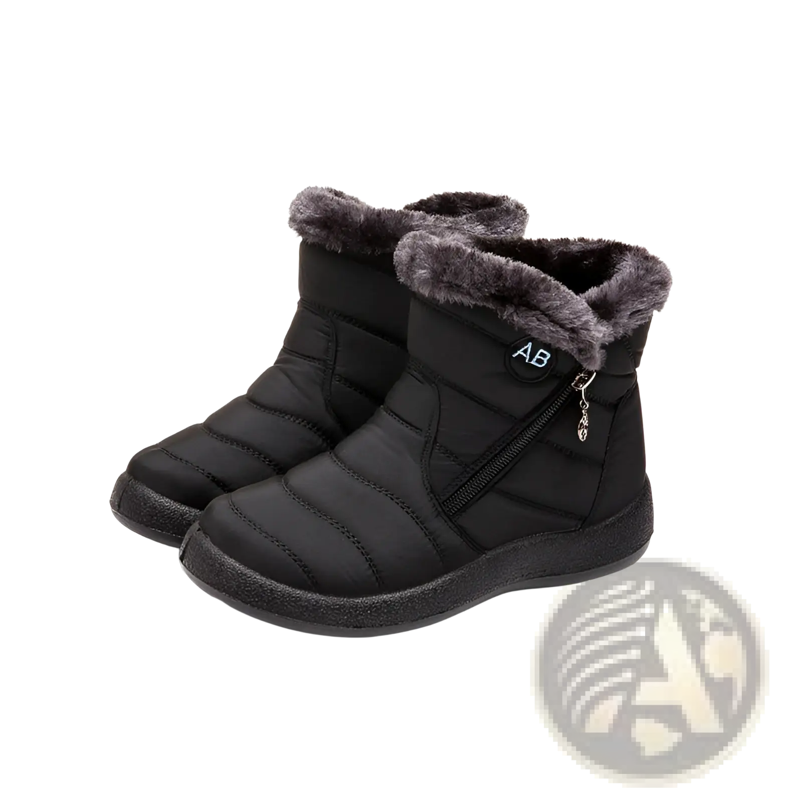 Black quilted waterproof winter snow boots with gray faux fur lining and side zipper for plush ankle warmth