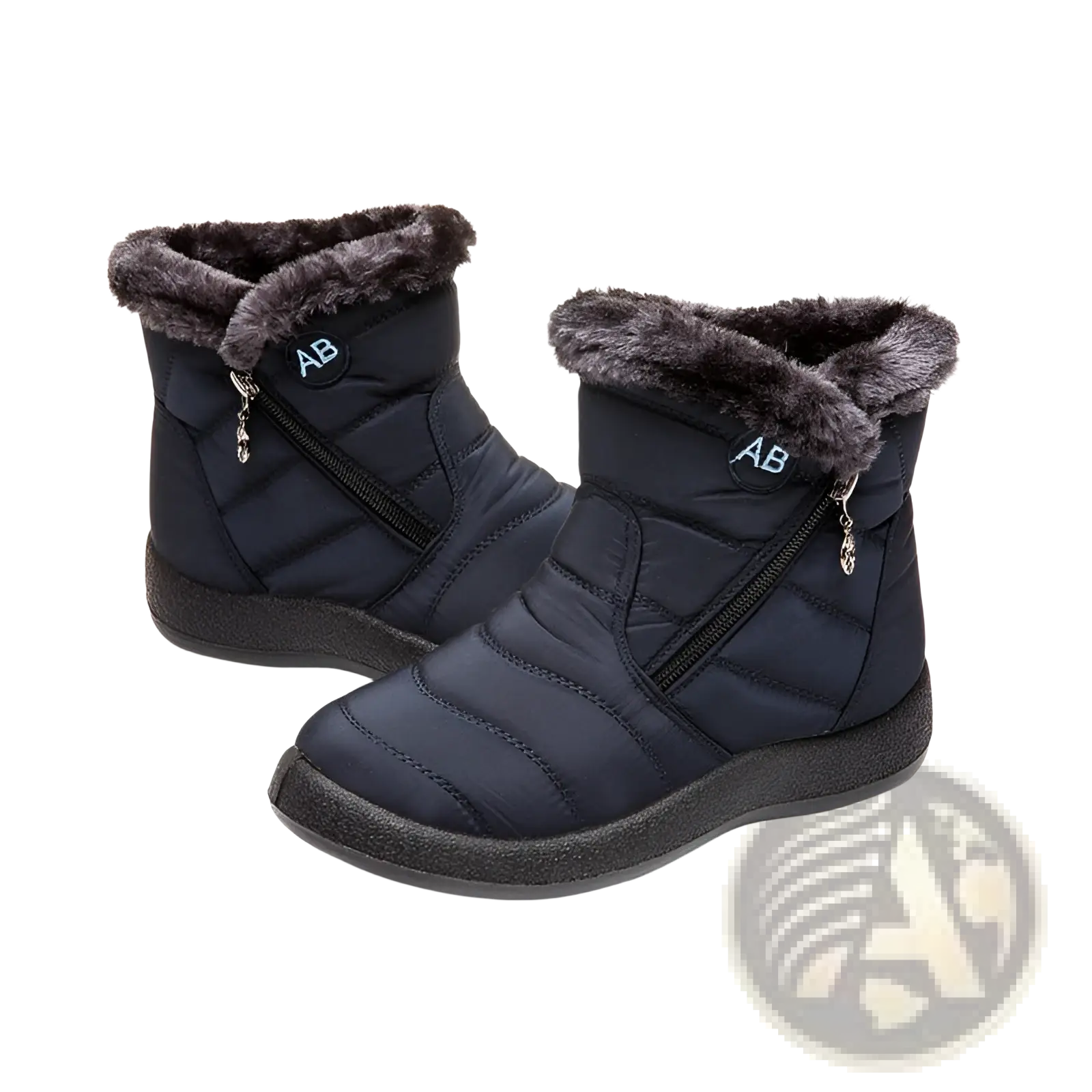 Dark navy waterproof winter snow boots with quilted design, plush gray faux fur lining, and black rubber sole