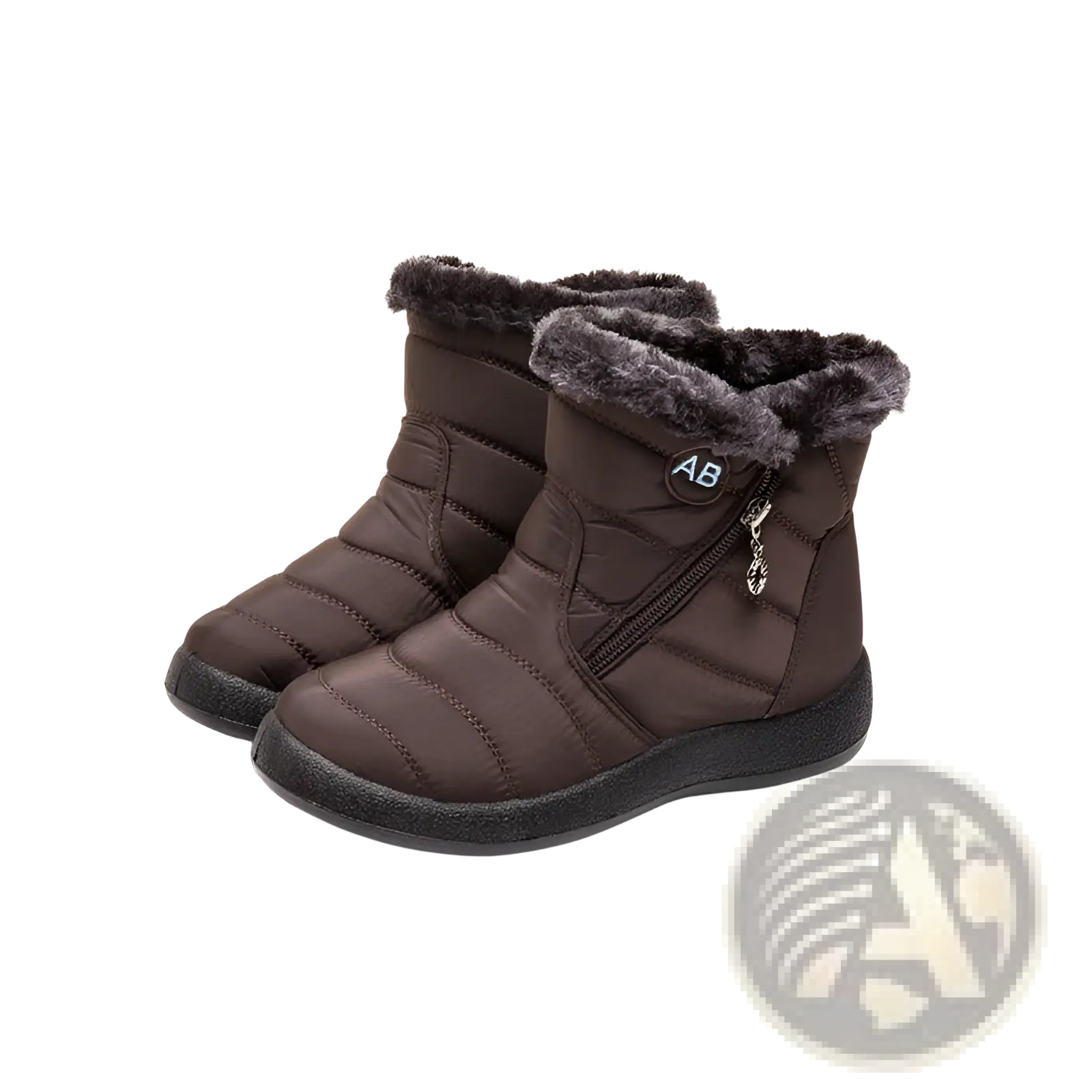 Brown quilted waterproof winter snow boots with plush gray faux fur lining and black rubber sole for cold weather use