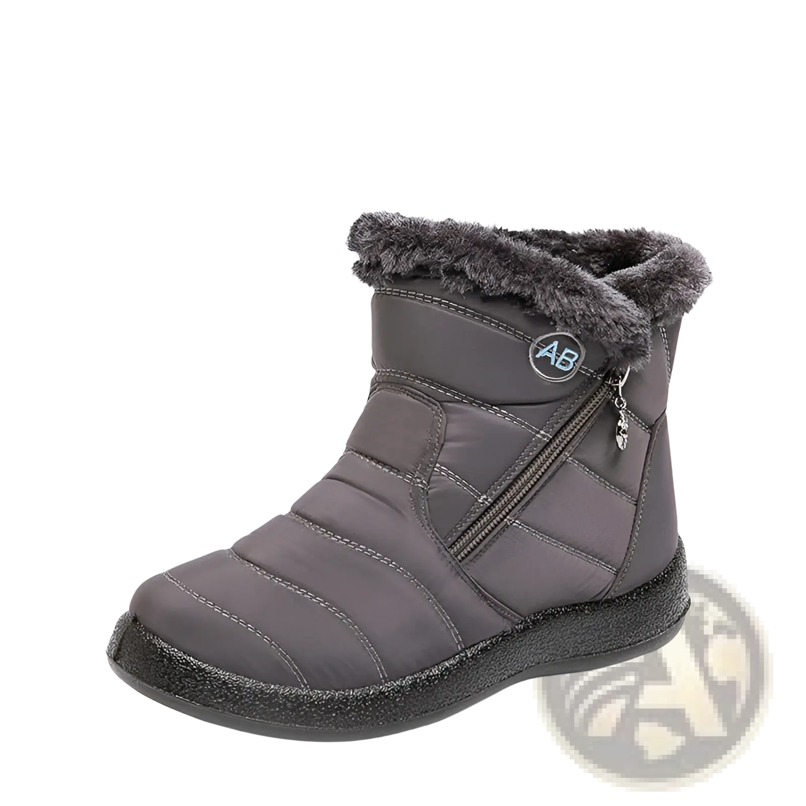 Gray quilted waterproof winter snow boot with plush faux fur lining and black rubber sole for cold weather use