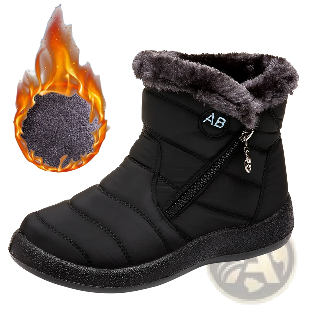 Black quilted waterproof winter snow boot with plush gray faux fur lining and zipper closure for ankle wear