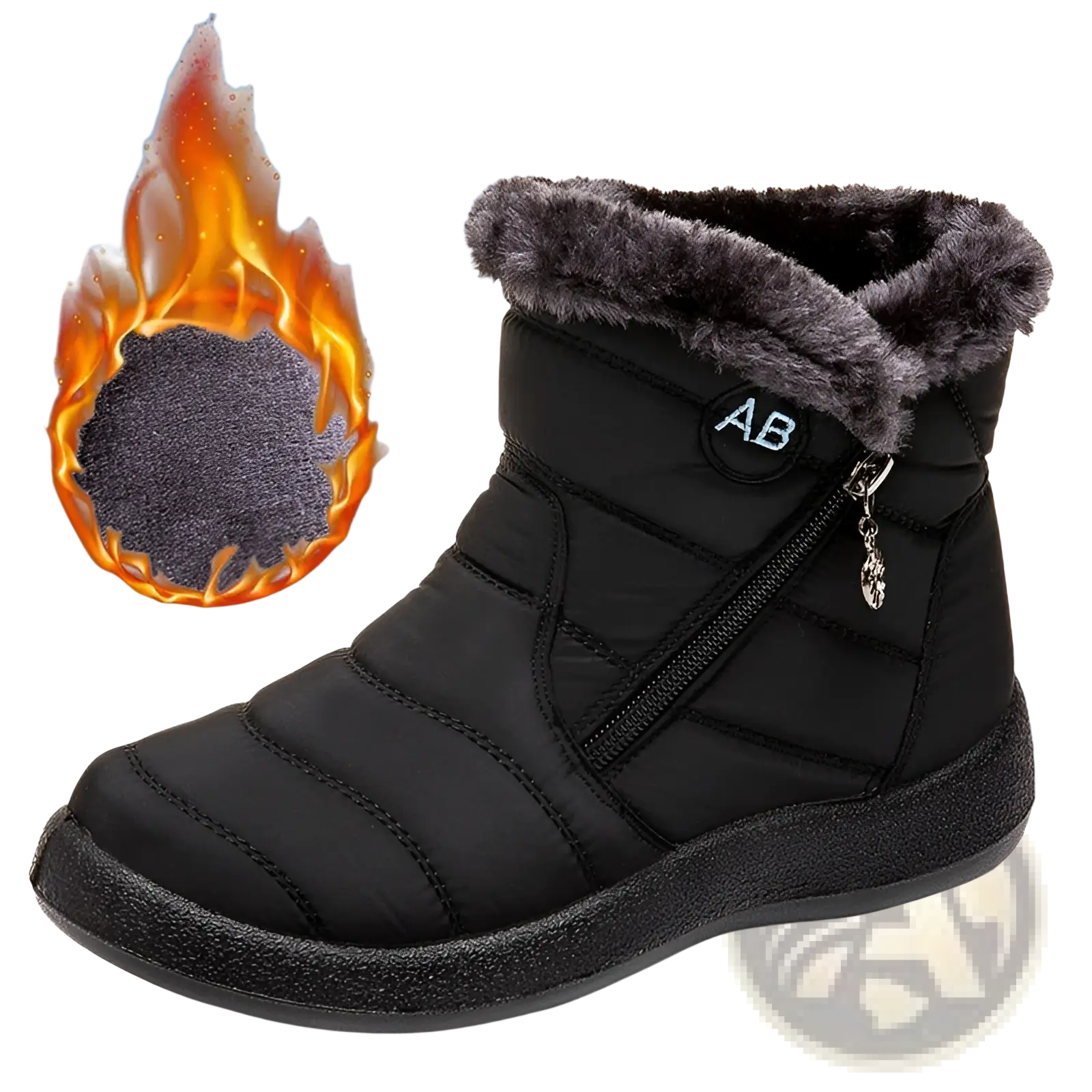 Black quilted waterproof winter snow boot with plush gray faux fur lining and zipper closure for ankle wear