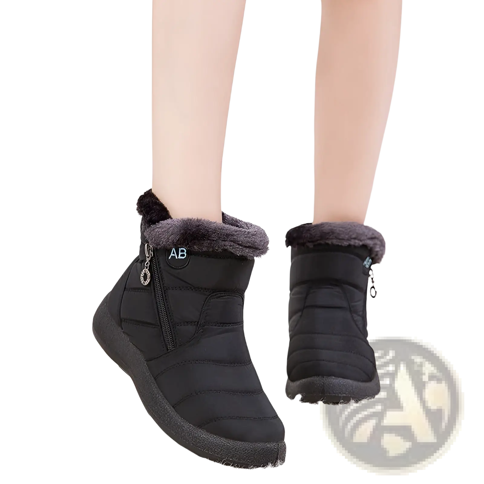 Black quilted waterproof winter snow boots with plush gray faux fur lining and side zipper for ankle support