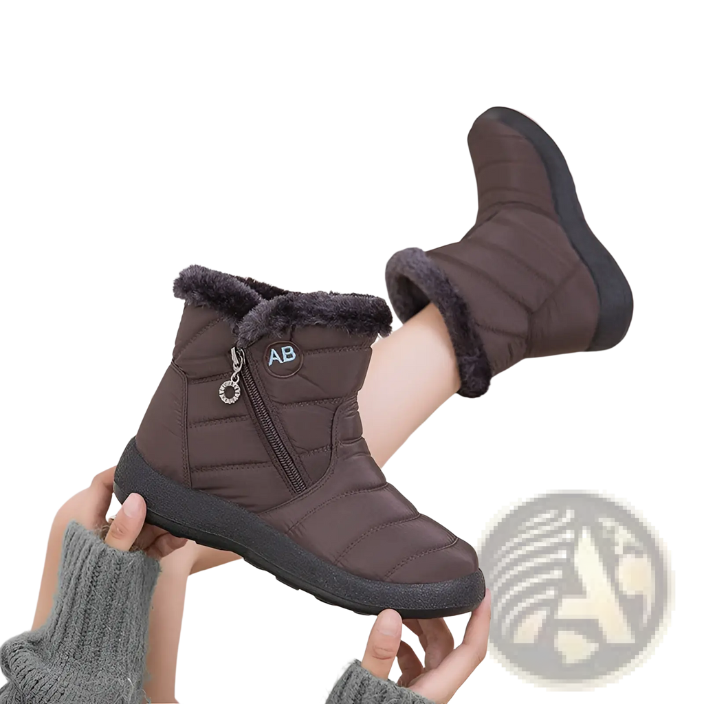 Brown quilted waterproof winter snow boot with plush gray faux fur lining and black rubber sole for ankle wear