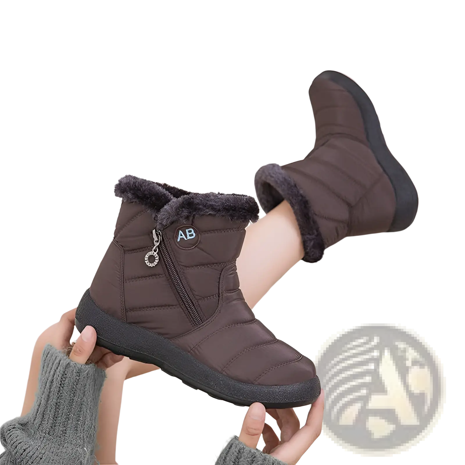 Brown quilted waterproof winter snow boot with plush gray faux fur lining and black rubber sole for ankle wear