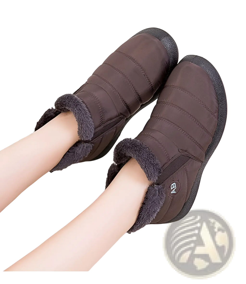Brown quilted waterproof winter snow boots with plush gray lining and black rubber sole for ankle warmth and traction