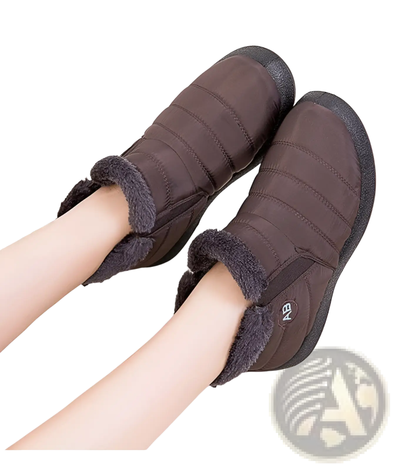 Brown quilted waterproof winter snow boots with plush gray lining and black rubber sole for ankle warmth and traction