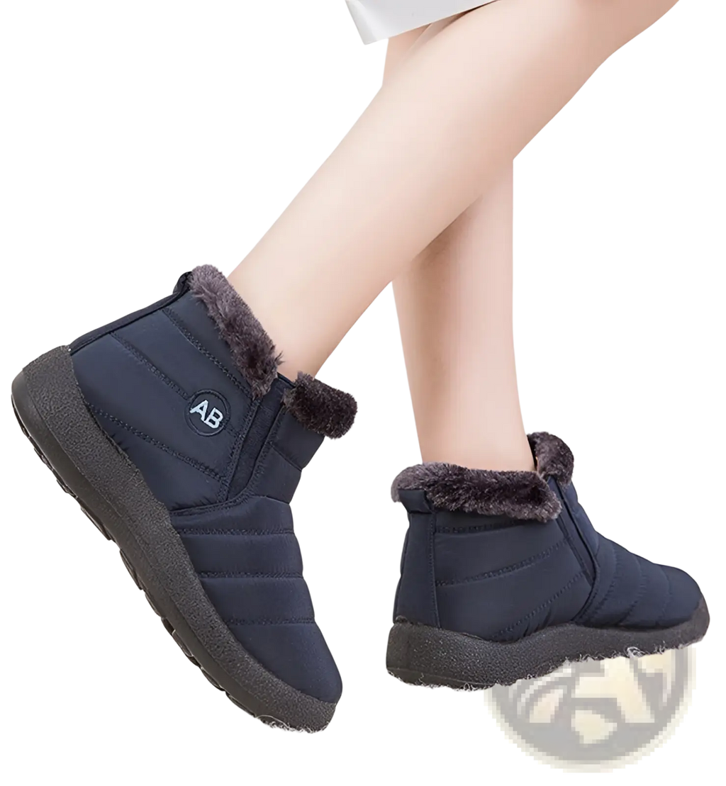 Dark blue quilted waterproof winter snow boots with plush gray faux fur lining and black rubber sole for ankle wear