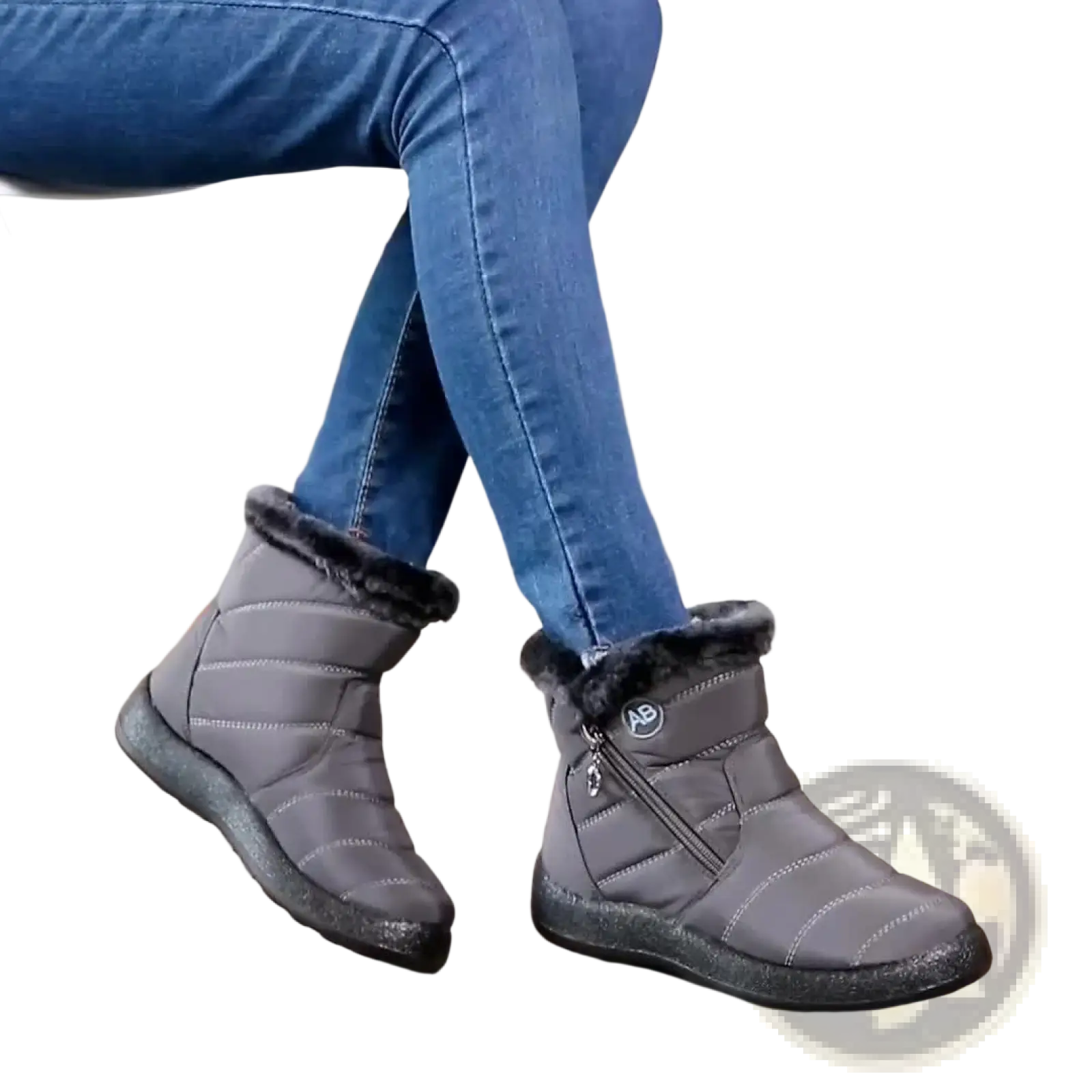 Waterproof gray quilted winter snow boots with black rubber soles and plush faux fur lining for cold weather use