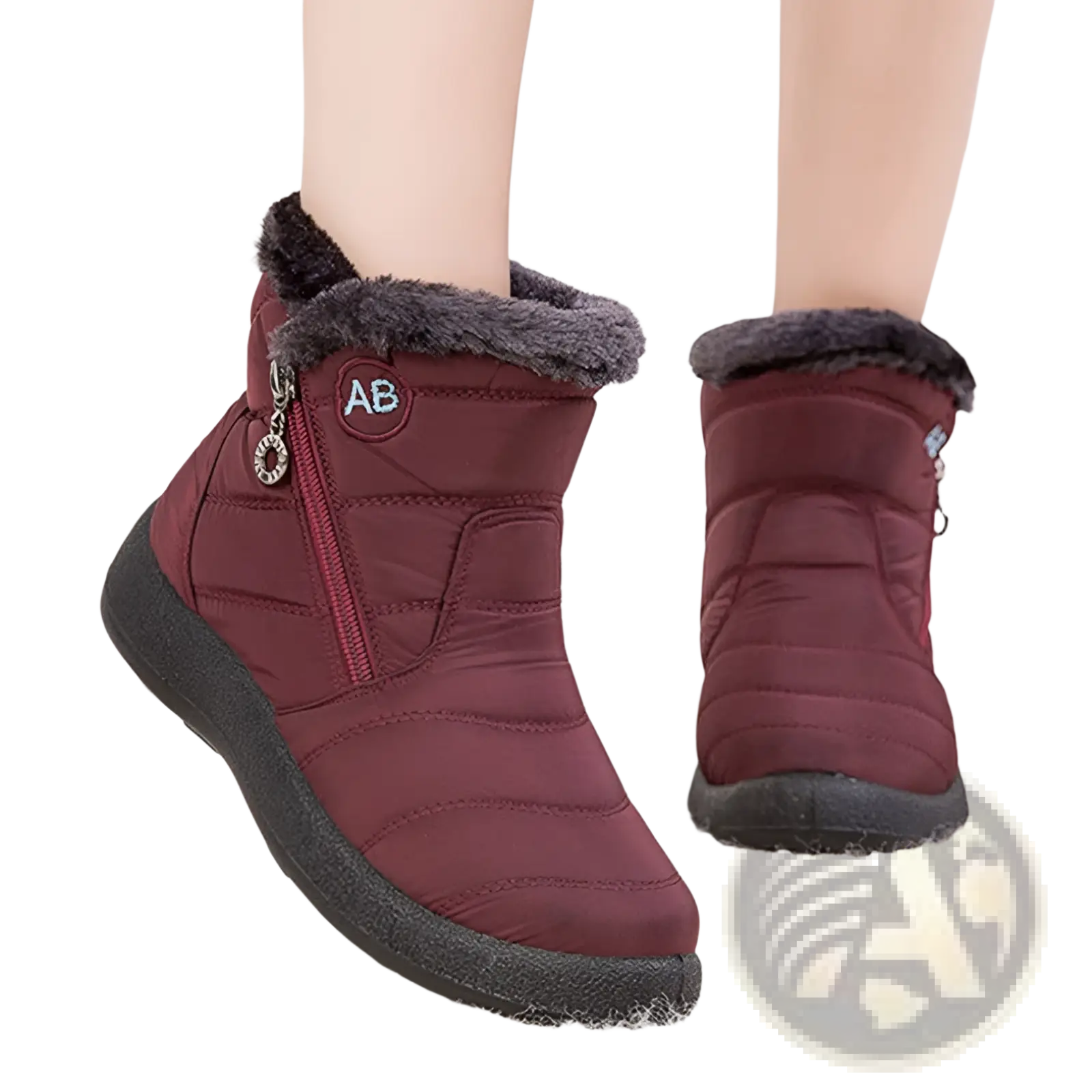 Maroon waterproof winter snow boots with quilted design, gray faux fur trim, and black rubber sole for cold weather