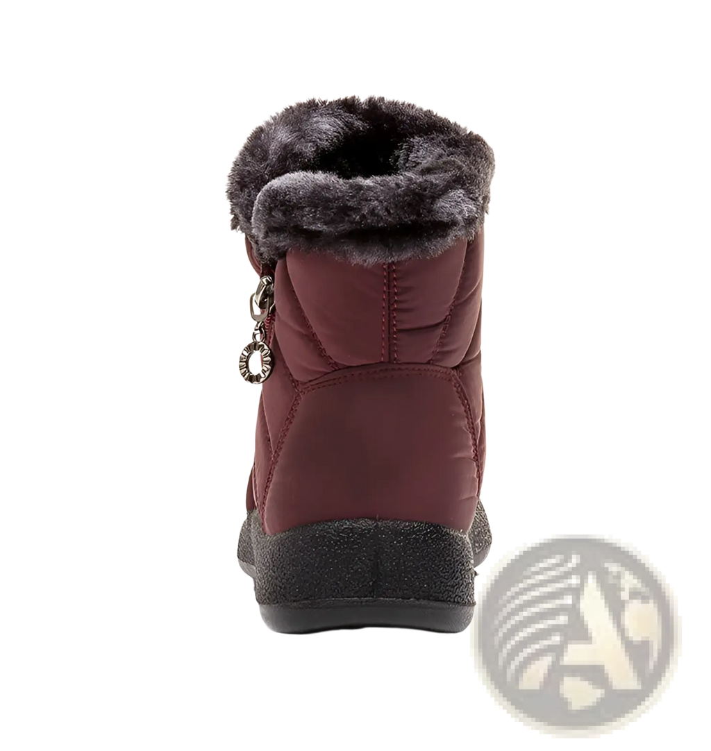 Maroon waterproof quilted winter boot with dark gray faux fur lining and black rubber sole for snow use