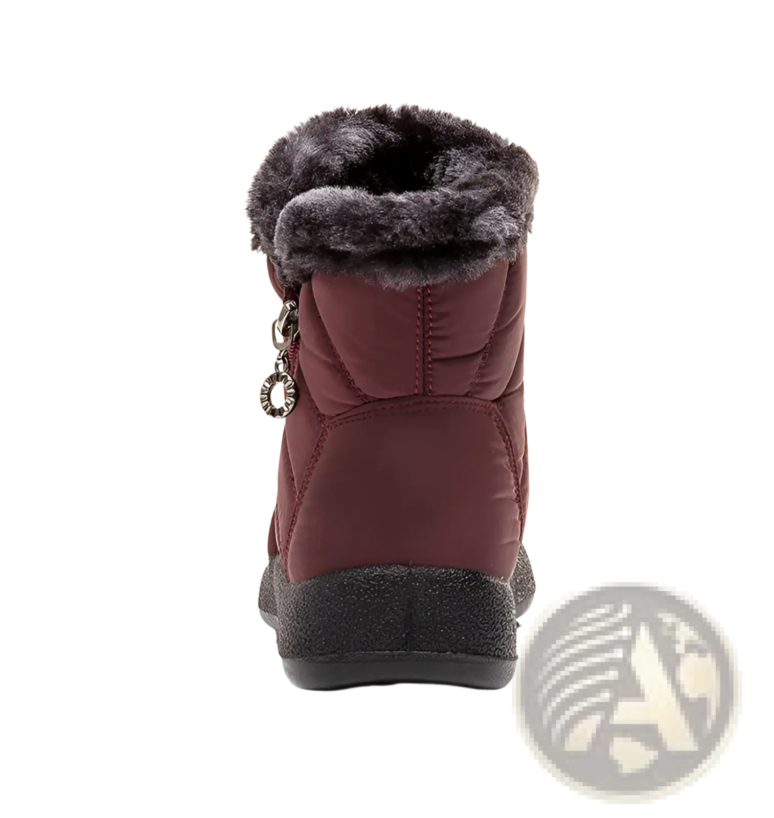 Maroon waterproof quilted winter boot with dark gray faux fur lining and black rubber sole for snow use