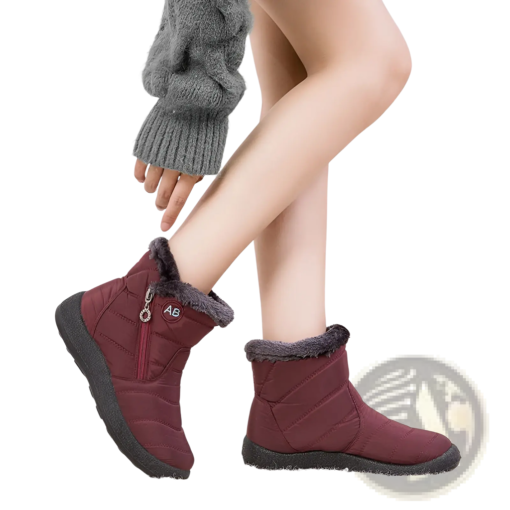 Maroon quilted waterproof winter snow boots with gray faux fur lining and black rubber soles for ankle wear