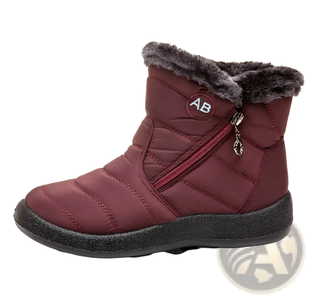 Maroon quilted waterproof winter snow boot with gray faux fur lining and black rubber sole for cold weather