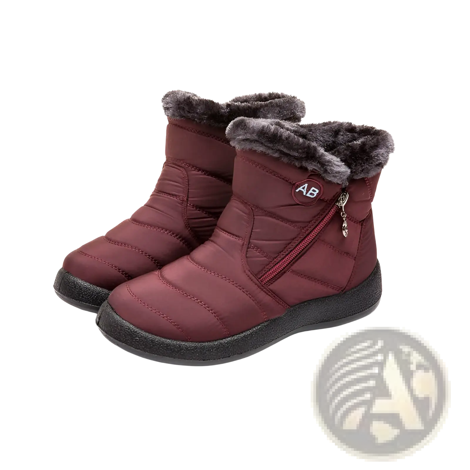 Maroon quilted waterproof winter snow boots with gray faux fur lining and black rubber sole for cold weather
