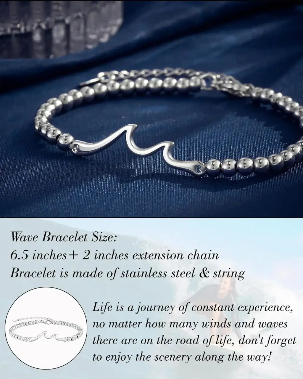 Silver wave-patterned bracelet with sleek stainless steel and string design ideal as a birthday gift for women
