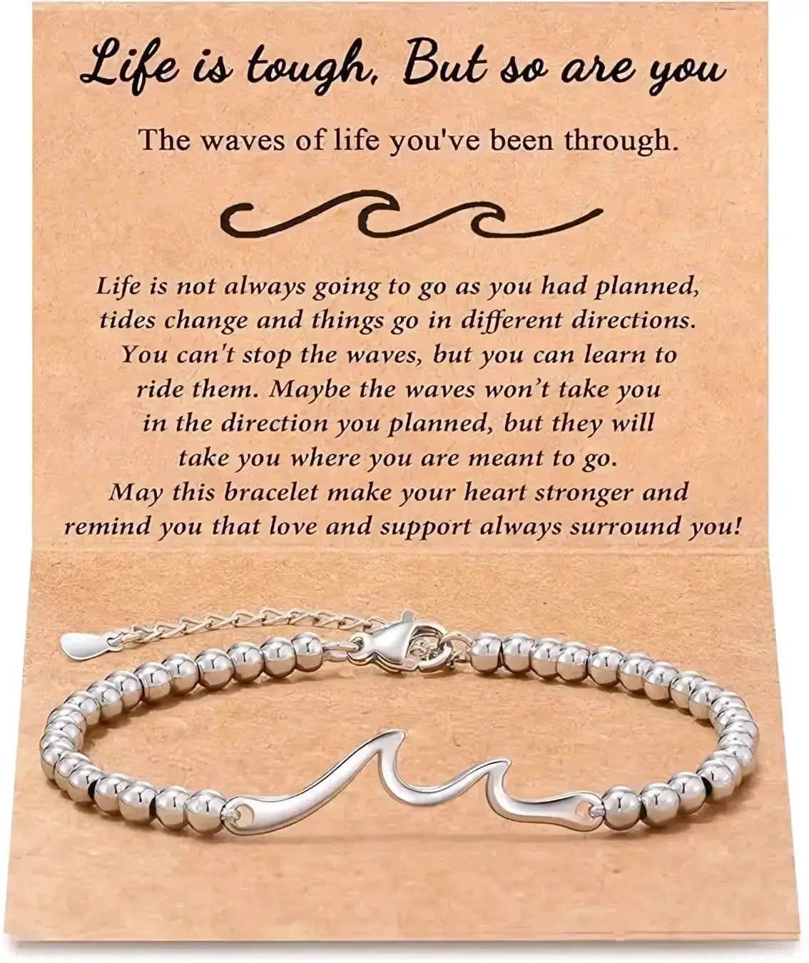 Silver wave bracelet with beaded stainless steel chain and clasp on card with inspirational text for birthday gift