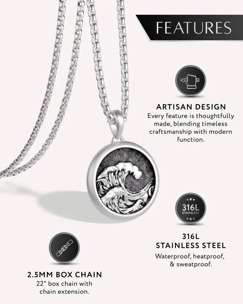 Silver wave pendant engraved with detailed artisan design on 2.5mm box chain in 316l stainless steel