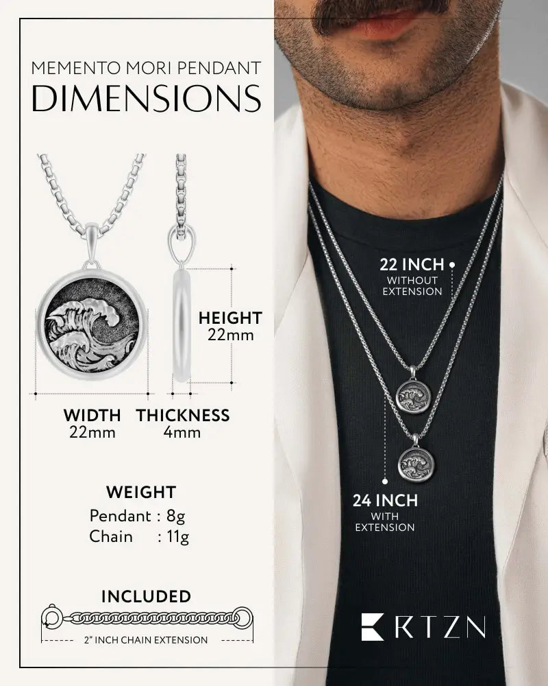 Silver wave pendant engraved with intricate wave design on matching silver adjustable box chain necklace