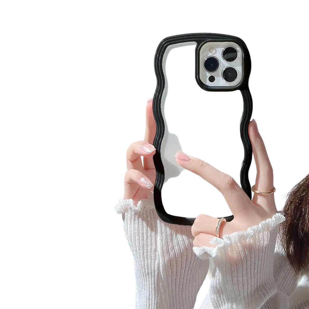 A sleek transparent wavy border iPhone case with bold black edges and precise camera cutout shown from the back side