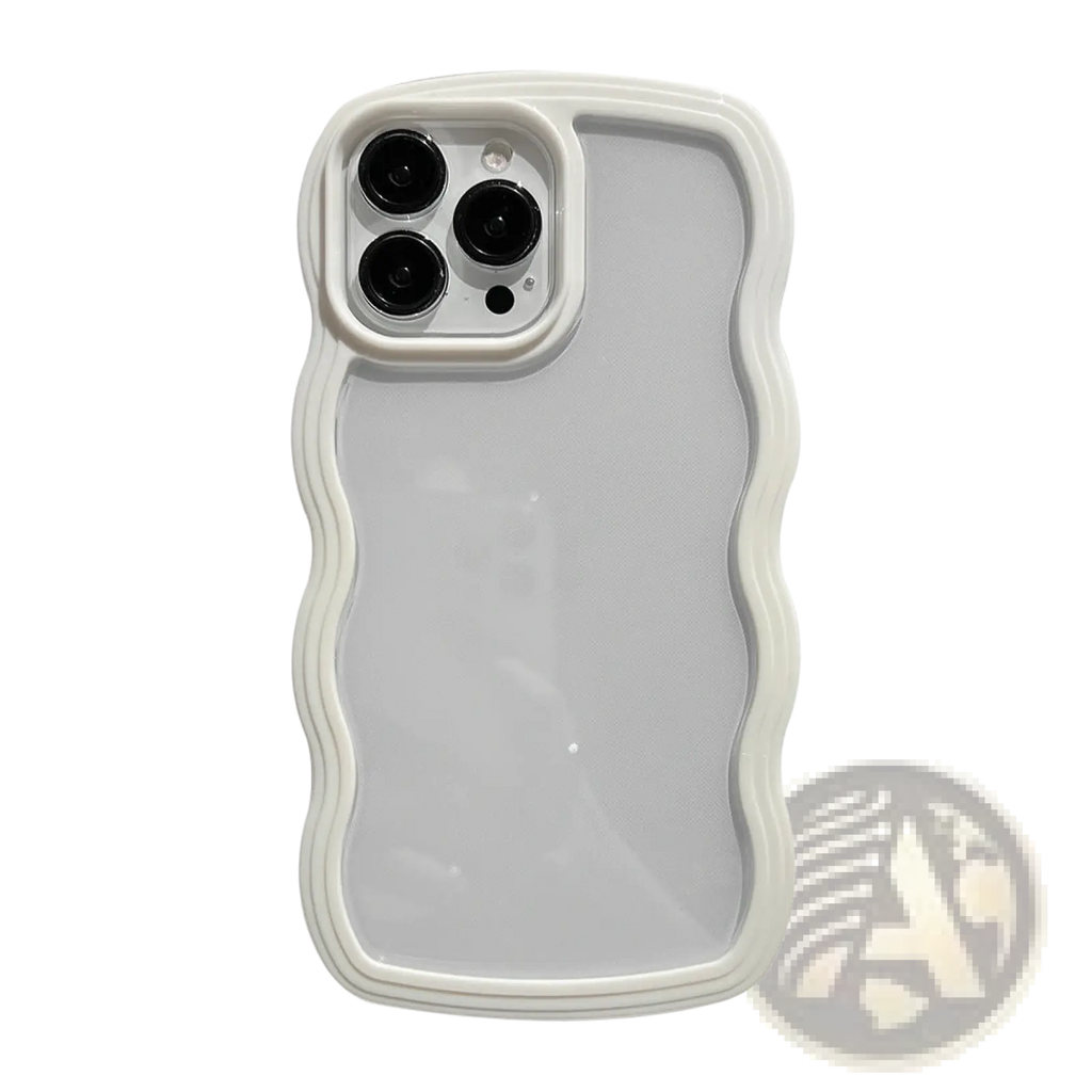 Back side of a translucent white wavy border iphone case with raised edges and camera module cutout protective cover