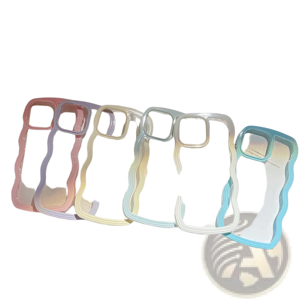 A set of six pastel-colored transparent wavy border iphone cases with glossy finish shown from the back side