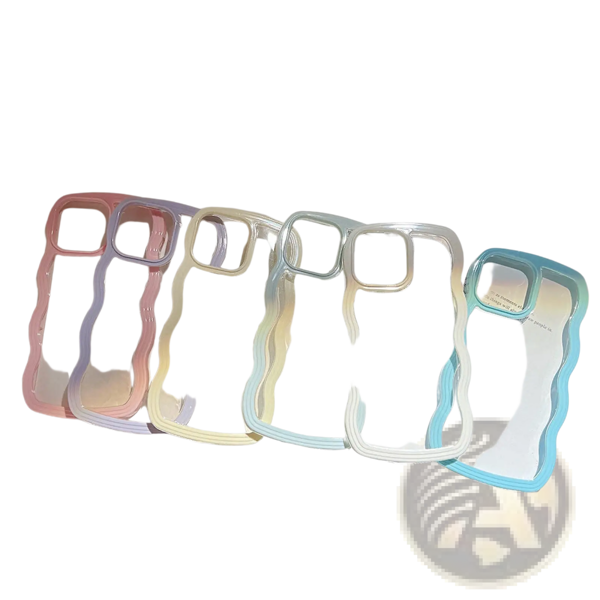 A set of six pastel-colored transparent wavy border iphone cases with glossy finish shown from the back side