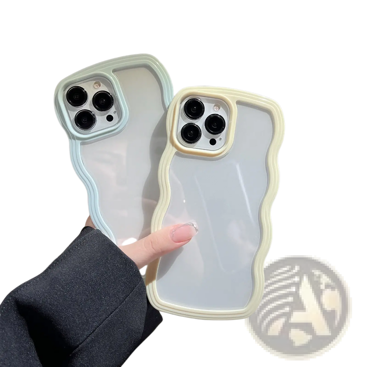 Back side of two translucent wavy border iphone cases in light blue and cream with pastel glossy camera cutout finish
