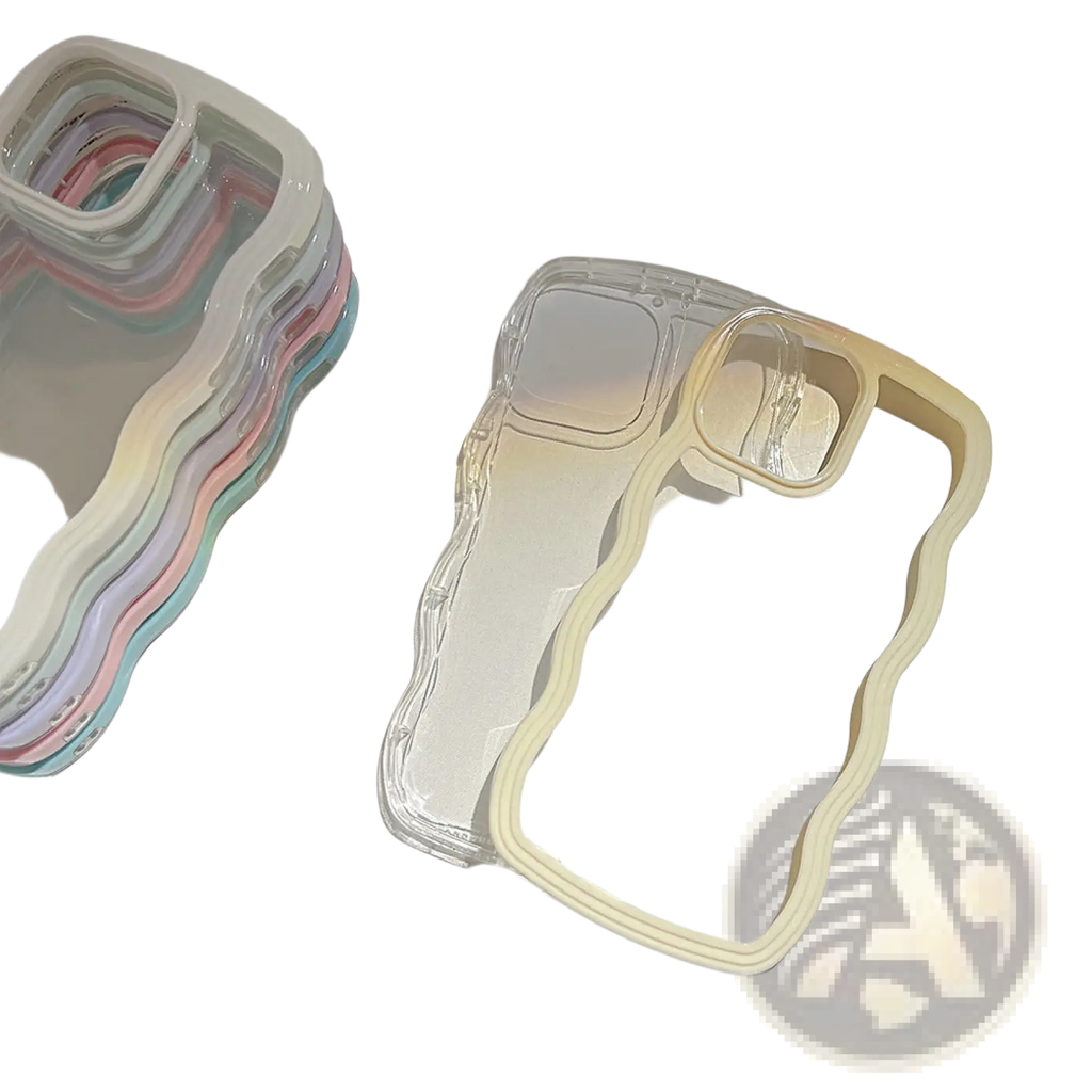 Back side of a clear wavy border iphone case with a translucent beige inner frame solid color protective cover