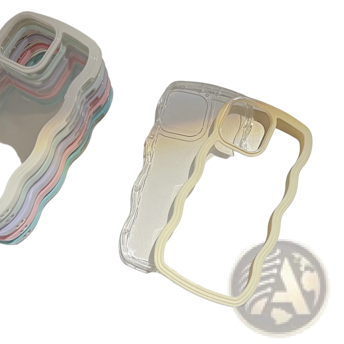 Back side of a clear wavy border iphone case with a translucent beige inner frame solid color protective cover