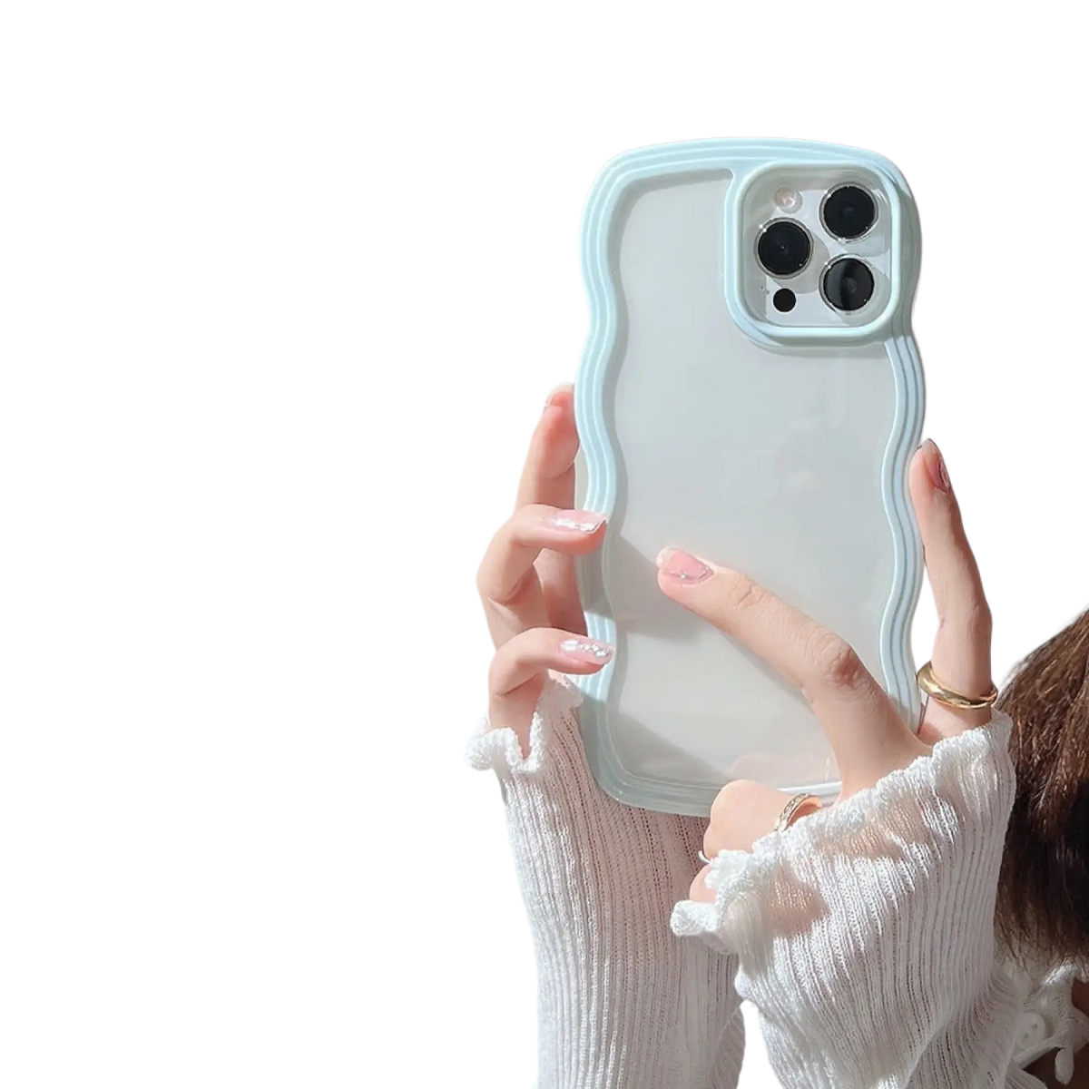Back side of a translucent iphone case with a light blue wavy border and camera cutout protective cover