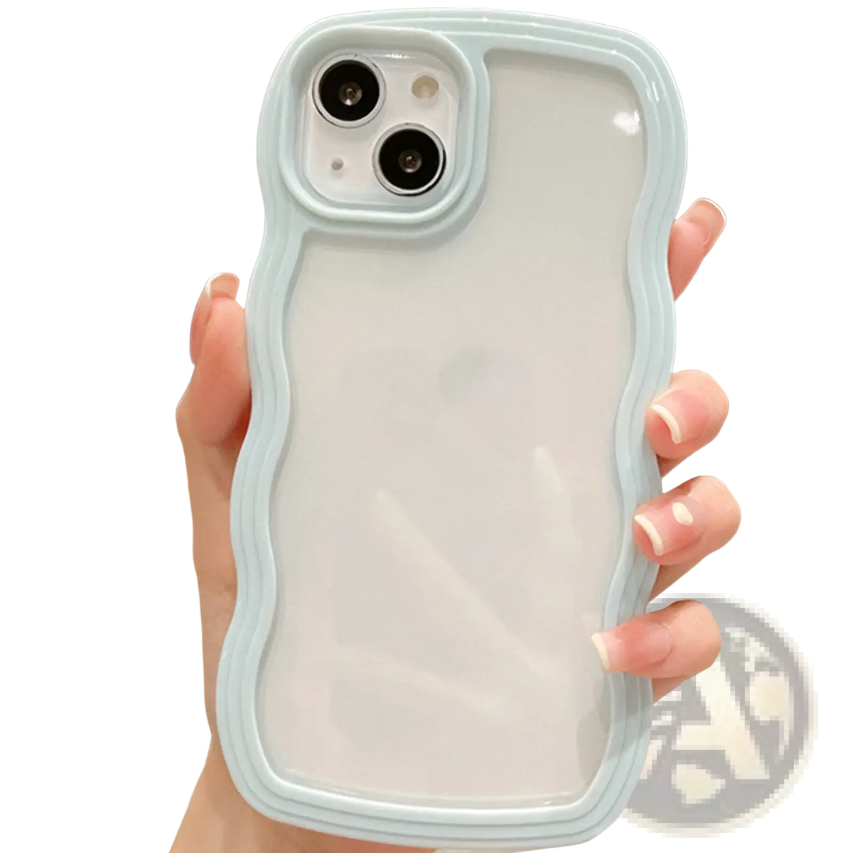 Translucent wavy border iphone case with soft light blue silicone border and clear back panel shown from the back side