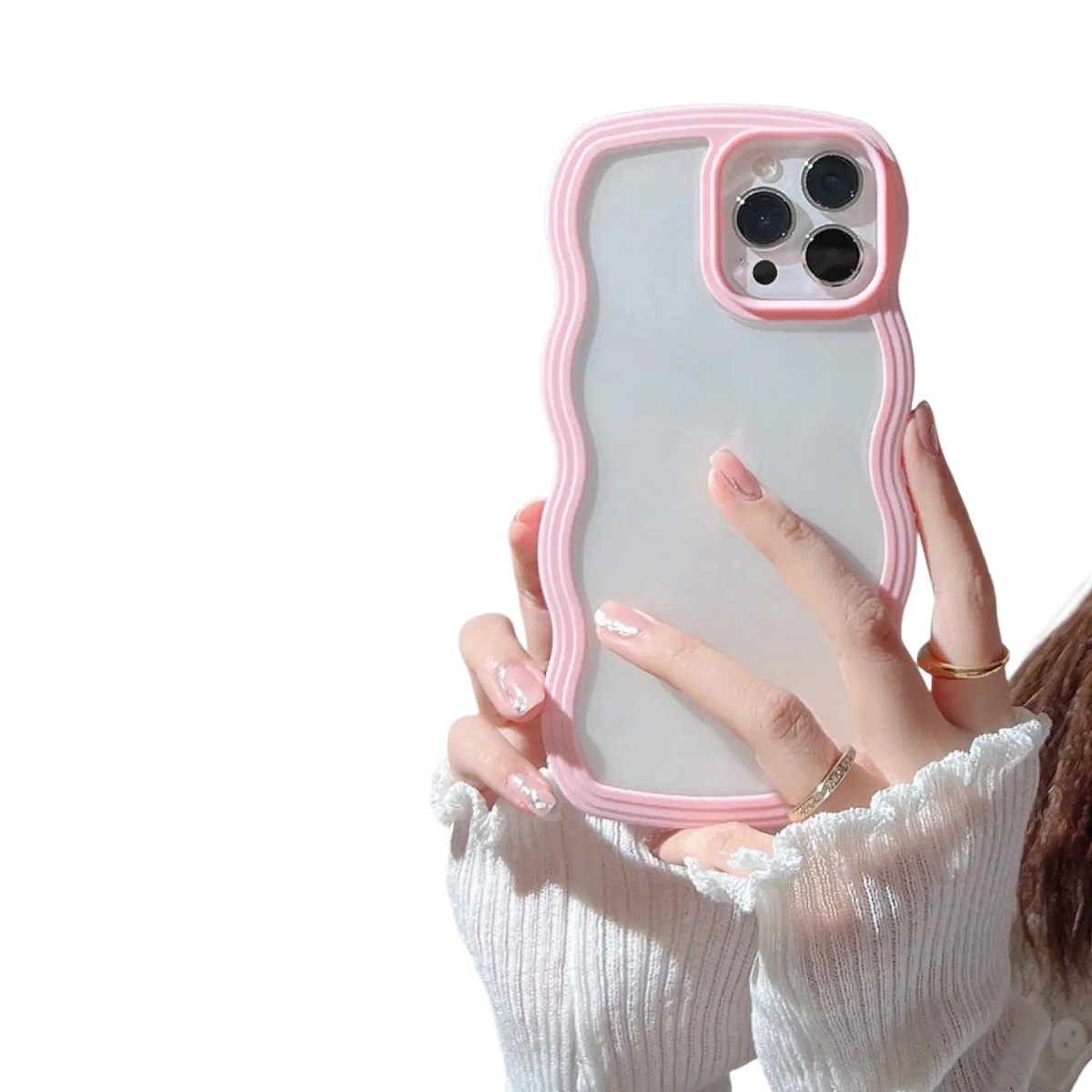Back side of a translucent soft pink wavy border iphone case with camera cutout protective cover