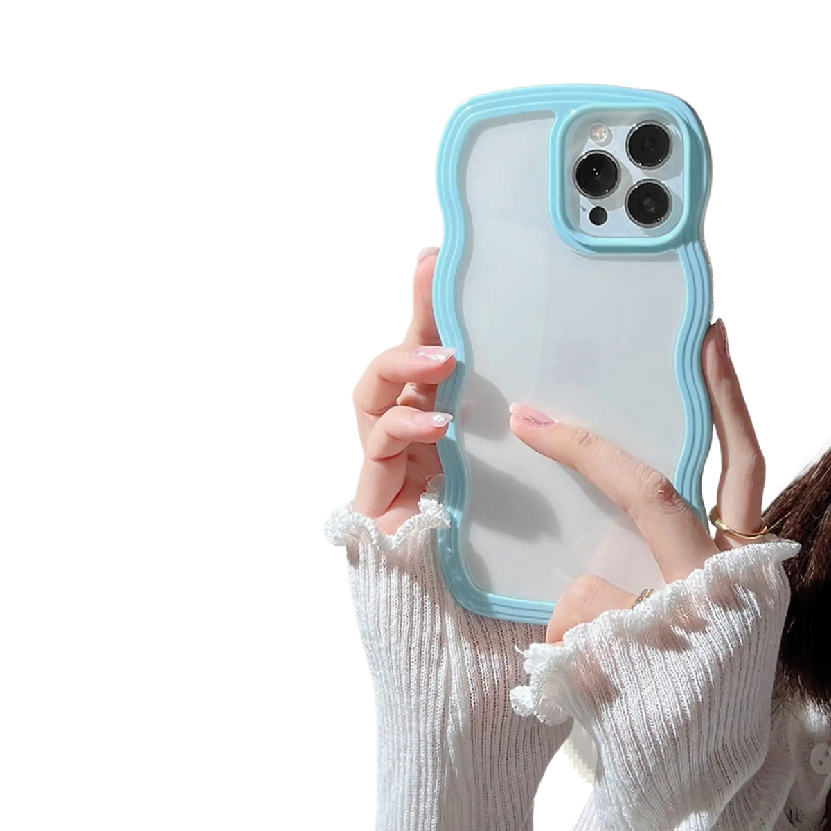 Translucent wavy border iphone case with light blue silicone border and clear back panel for solid color protection