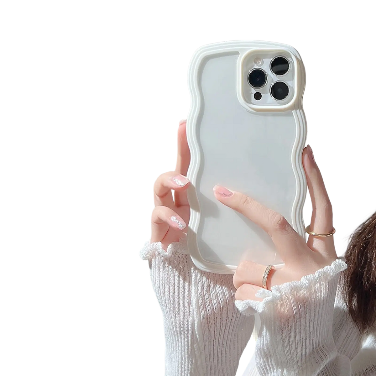 Back side of a white wavy border iphone case with raised camera cutout solid color protective cover