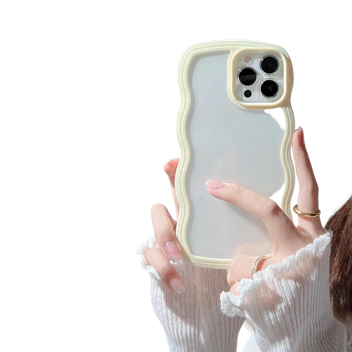 Back side of cream-colored wavy border iphone case with translucent back solid color protective cover