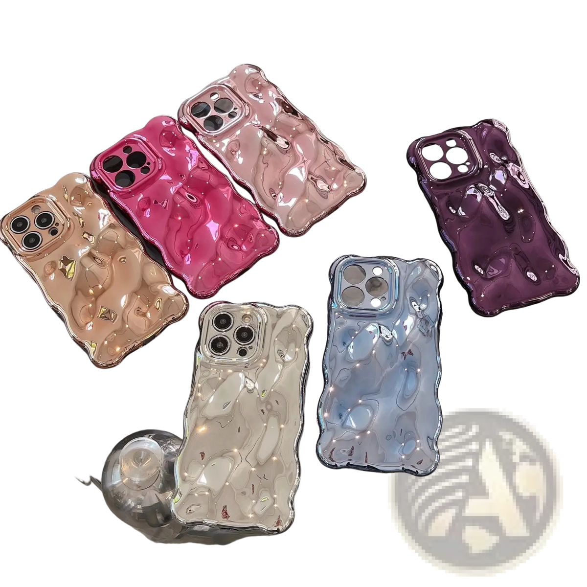 Shiny glossy wavy electroplated iphone case back in vibrant pink rose gold silver and purple colors