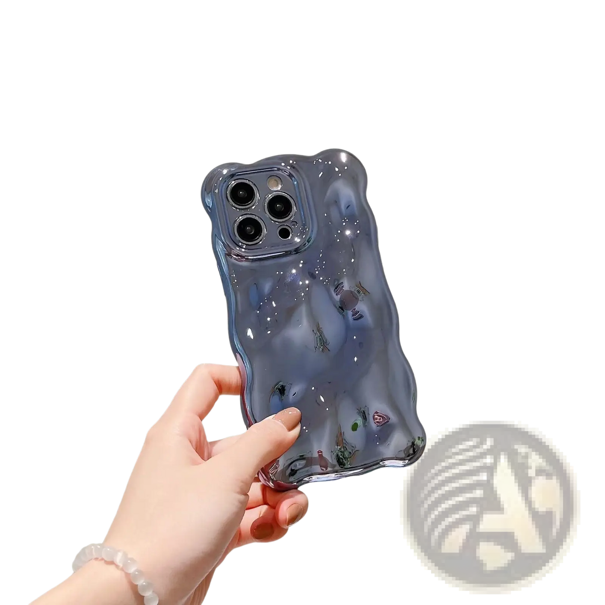 Translucent glossy wavy electroplated iphone case with bear-shaped glittery design shown from the back side