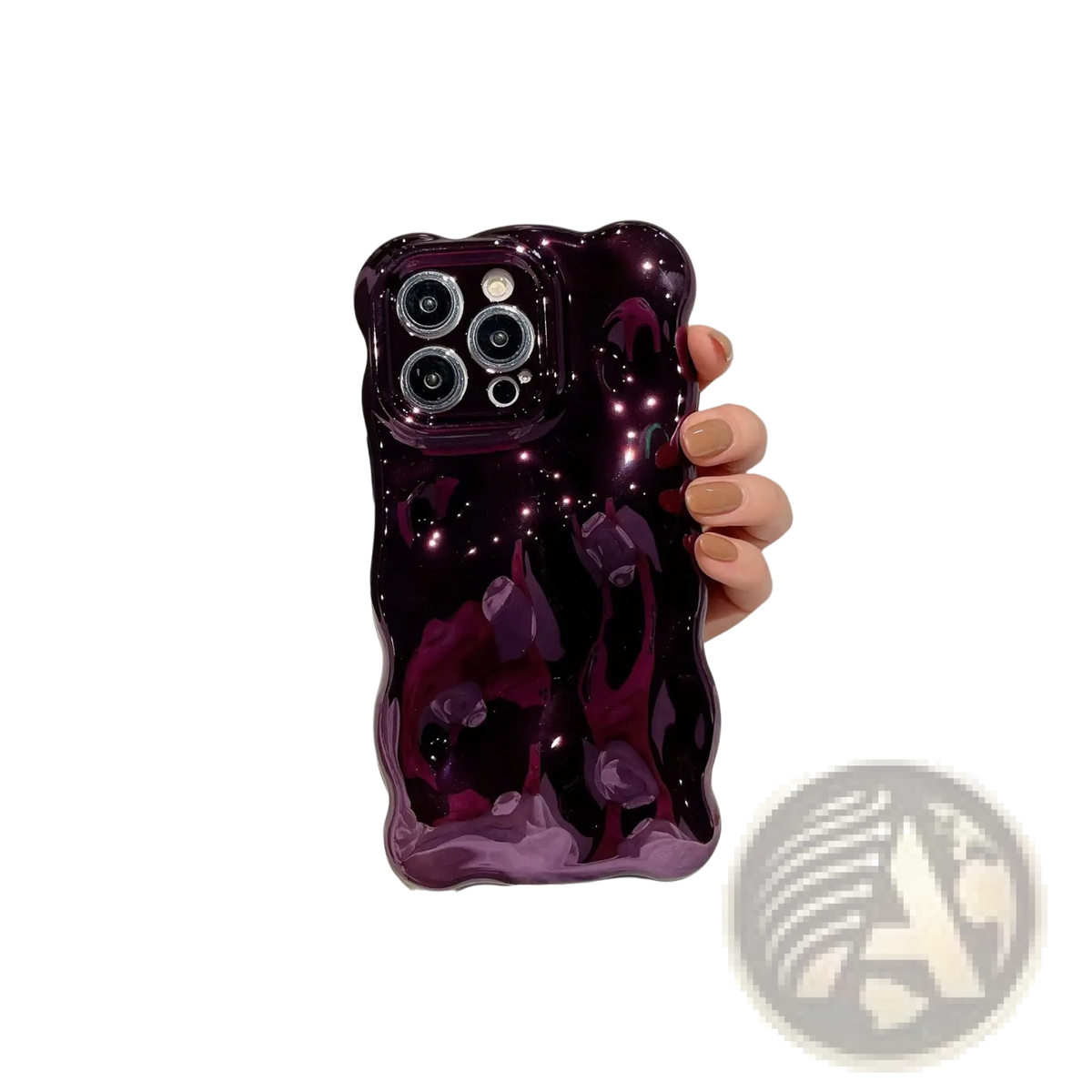 Glossy deep purple bear-shaped wavy electroplated iPhone case with reflective liquid-like finish showing back side