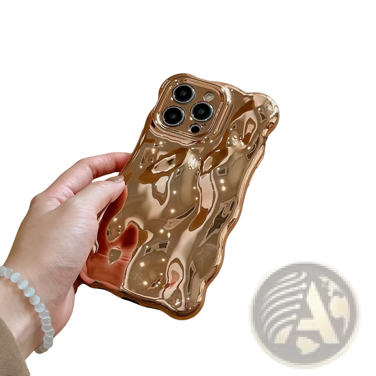 Back side of a glossy rose gold wavy electroplated iPhone case with a liquid-like sculpted design