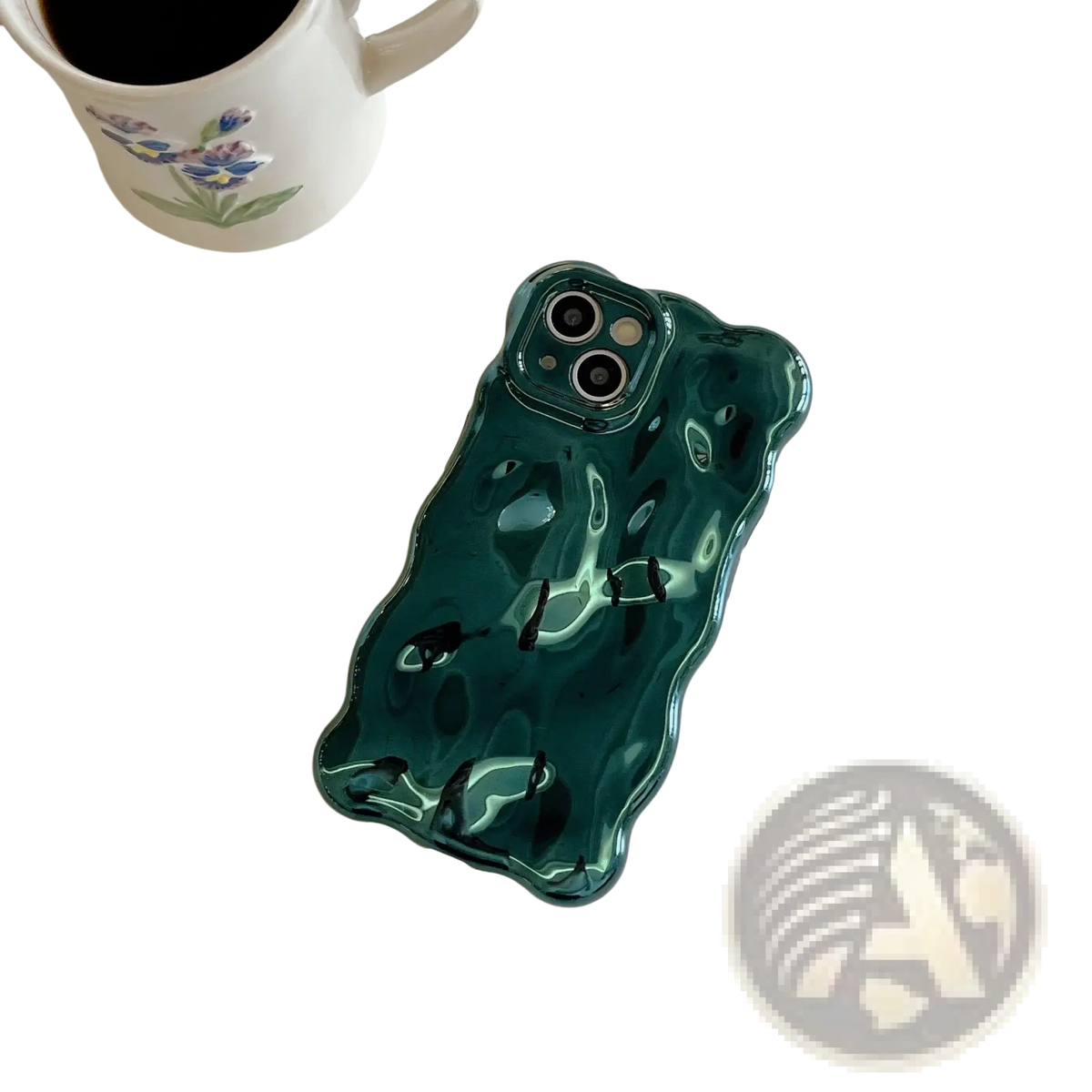 Glossy teal wavy electroplated iPhone case back with liquid texture and black accent lines for smartphone protection
