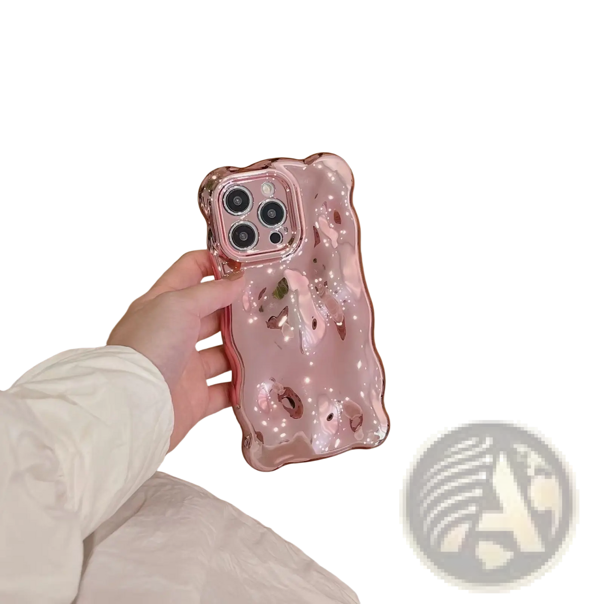 Wavy electroplated iphone case showing back side with glossy pink bear shape and reflective cut-out details