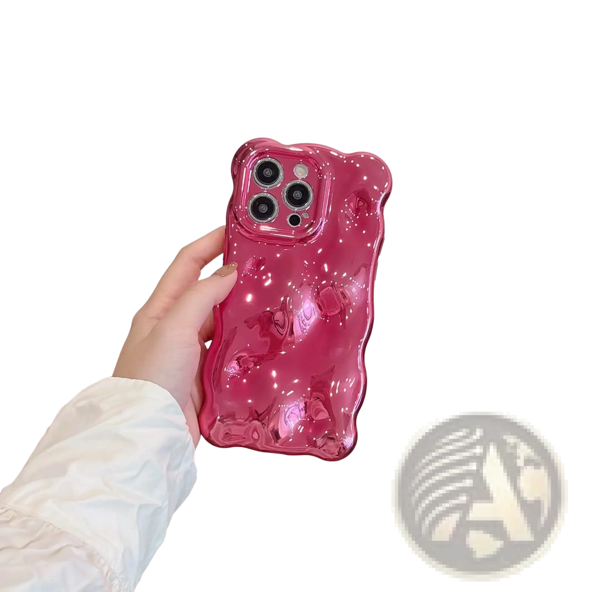 Wavy electroplated iphone case featuring a translucent pink bear shape with a glossy jelly-like finish on the back