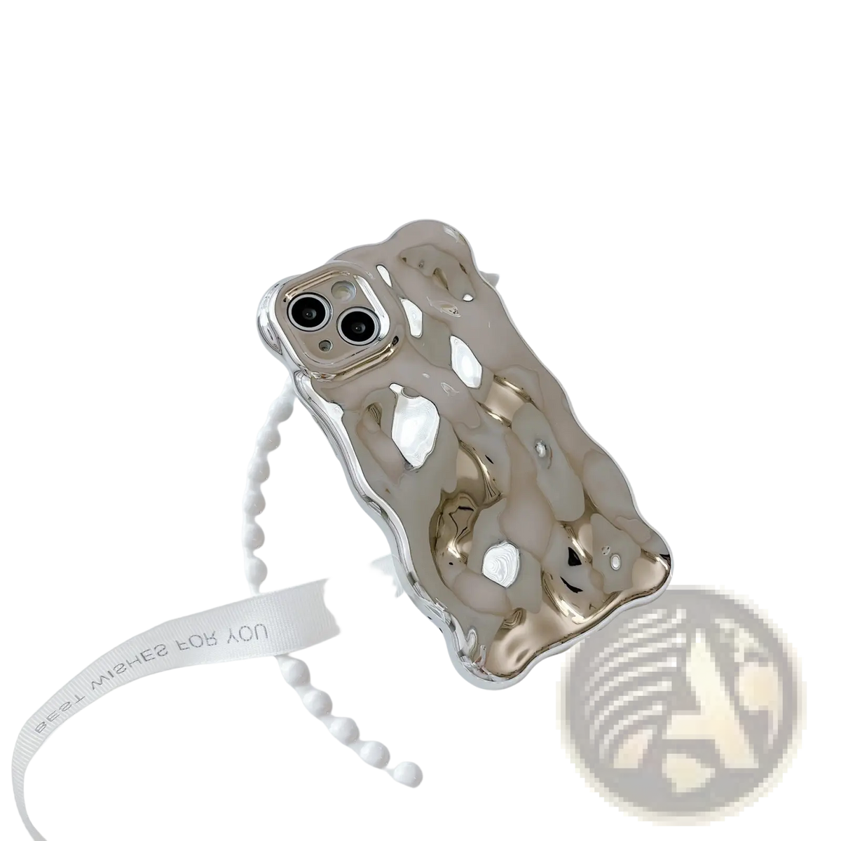 Shiny silver bear-shaped wavy electroplated iphone case with glossy sculpted finish shown from the back side