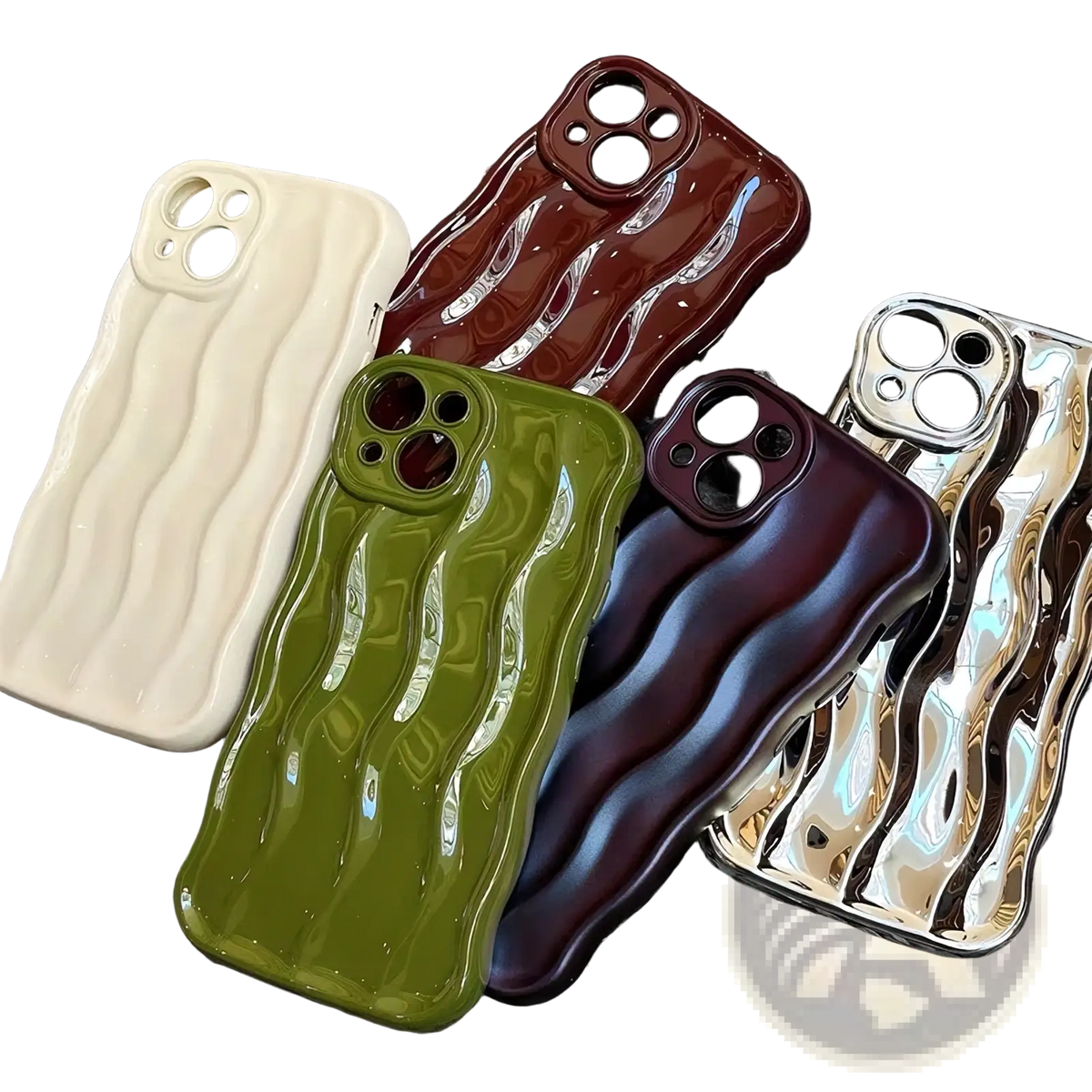 Glossy wavy liquid silicone iPhone cases in cream olive green burgundy and metallic gold shown from the back side